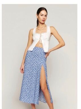 Reformation Blue Floral High-Slit Maxi Skirt in Marie print